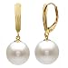 14k Yellow Gold 9-10mm Perfect Round White Cultured Freshwater Pearl High Luster, Leverback Earring AAA Quality. Perfect for Bridal and Wedding, Include Gift Box With Ribbon.