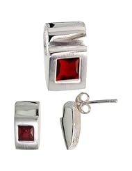Sterling Silver Matte-finish Fancy Earrings (11mm tall) & Pendant Slide (15mm tall) Set, w/ Princess Cut Ruby-colored CZ Stones