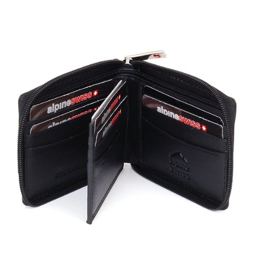 Alpine Swiss Zippered Bifold Men-s Wallet with Deluxe Credit Card Flip Pocket - Genuine Lambskin Leather -Black Comes in a Gift Bag - NOW with Improved Zipper Quality