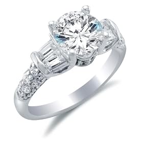 Size 4 - Solid 14k White Gold Round Brilliant Cut Solitaire with Baguette and Round Side Stones Highest Quality CZ Cubic Zirconia Engagement Ring 2.0ct.