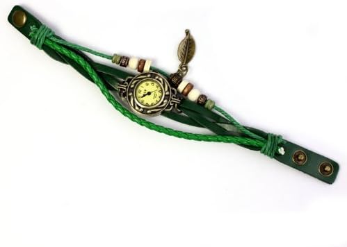 Gift Women's Leaf Style Leather Weave Band Bohemian Vintage Quartz Analog Bracelet Watch (Assorted Colors)