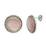 Sterling Silver Marcasite Round Pink Shell Button Earrings