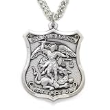 Sterling Silver 1 1/8 Shield Engraved St. Michael Medal on 24 Chain