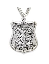 Sterling Silver Engraved St. Michael Shield Medal, Patron Of Police Officers Catholic Jewelry Popular Saint Patron Saint St. Medal Catholic Gift Boxed w/Chain 24" Length Gift Boxed