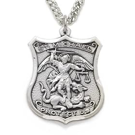 Sterling Silver 1 1/8" Shield Engraved St. Michael Medal on 24" Chain