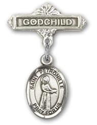 Sterling Silver Baby Badge with St. Petronille Charm and Godchild Badge Pin