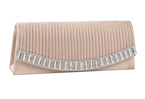 Damara Womens Practical Chic Rhinestones Pleated Satin Evening Party Handbag,Champagne