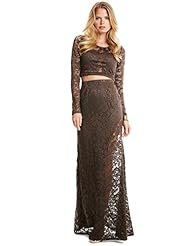 Round Neck Polyamide/Polyester/Spandex Long Sleeves Slit Lace Sheer Maxi Dress 