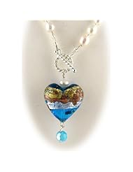 Aqua Murano Glass Heart Pendant Freshwater Pearl Lariat Sterling Silver Toggle Necklace