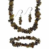 Sterling Silver Genuine Tiger Eye Stone Chip Earrings Bracelet Necklace Jewelry Set