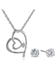 Sterling Silver Cubic Zirconia Loop Heart Pendant Necklace and Earrings Jewelry Set