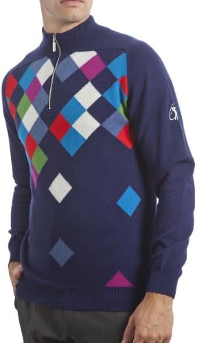 GMR Men's 100% Extra Fine Lambswool Waterfall Argyle Zip Through Sweater. Made in Scotland-American Navy-Medium