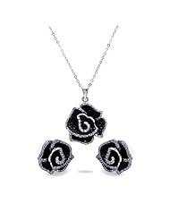Sterling Silver Rose Design With Black Rhodium Finish Necklace and Earrings Set