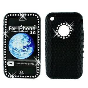 Black with Diamond Rhinestone Soft Silicone Skin Gel Cover Case for Apple Iphone 3g 3gs