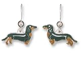 Clearly Charming Black & Tan Dachshund Dog Sterling Silver and Enamel Earrings by Zarah