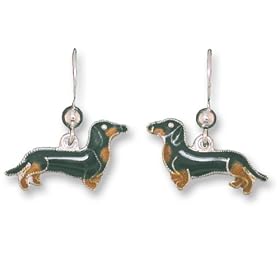 Clearly Charming Black & Tan Dachshund Dog Sterling Silver and Enamel Earrings by Zarah