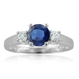 Natural Sapphire and Diamond Ring in 14k White Gold 3 Stone Ring (G, SI1-SI2, 1.30 cttw), 6mm, Certificate of Authenticity
