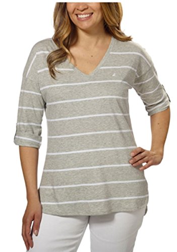 Nautica Ladies' V-neck Top with Roll Tab Tee (M, Gray/White)