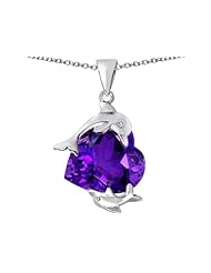 Original Star K (tm) Loving Mother and Child Dolphin Pendant with Heart Shape Simulated Amethyst in 925 Sterling Silver