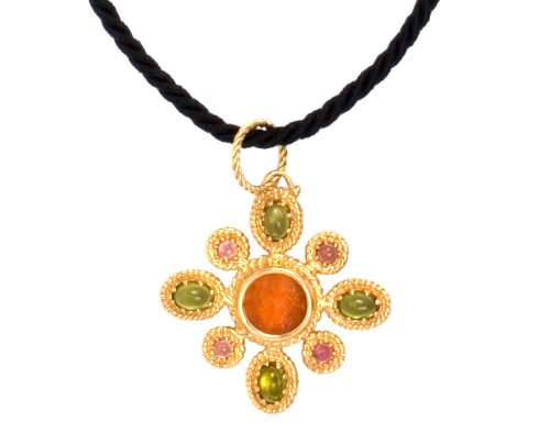 18k Yellow Gold Peridot and Pink Tourmaline Venetian Glass Pendant w/ Black Silk Cord by Tagliamonte