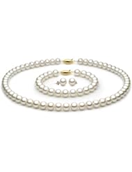 14k Gold 7-7.5mm White Freshwater Cultured Pearl Set AAA Quality, Set Includes Necklace, Bracelet, & Earrings