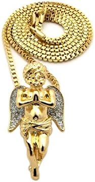 Sparkled Micro Praying Angel Pendant 2mm 24" Box Chain Necklace Gold