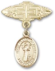 14K Gold Baby Badge with St. Francis of Assisi Charm and Badge Pin with Cross