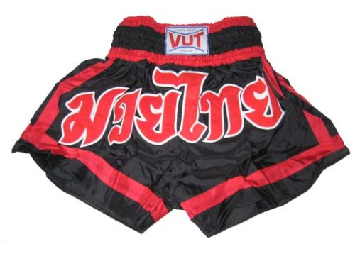 VUT Muay Thai Shorts (Black with Red Letters & Red Trims)