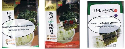 Korean Seaweed Lava Snack Sampler - Original, Green Tea & Low Salt (9x0.18 Oz Packets)