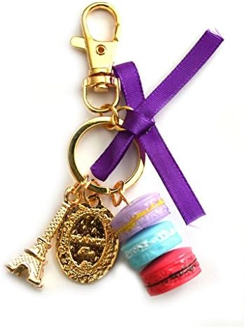 Purple Gold Jeweled Rhinestone Paris Eiffel Tower Macaron Cookie Charm Pendant Key Chain Ring Gift Stocking Stuffer