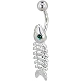 Pugster Belly Button Rings Green Crystal Fish Bone Dangle Belly Navel Ring Body Jewelry