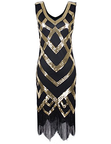 PrettyGuide Women's 1920's Vintage Beads Sequin Crisscross Fringe Hem Flapper Dress