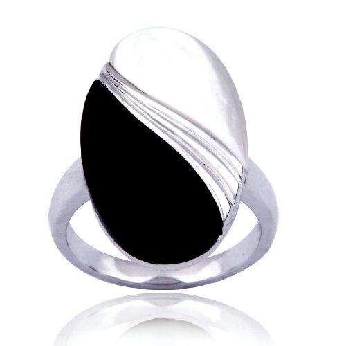 Sterling Silver Mother-of-Pearl and Black-Onyx Oval Ring, Size 7