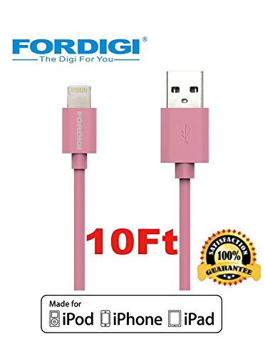 *Improved Version* FORDIGI® APPLE CERTIFIED Extra Long (10 Feet) USB Sync and Charging Lightning Cable for iPhone 5/5S/5C/6/6 Plus, iPad 4, iPad Air, iPad Mini (Apple Certified 10 Ft. Pink)