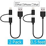 [Apple MFi Certified] [2 Pack] Skiva USBLink Short (0.5 ft) Lightning Duo 2-in-1 Sync and Charge Cables with Lightning & microUSB connectors for iPhone 6 6Plus, iPad Air, Samsung & more [Model: CB138]