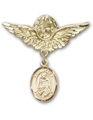 14K Gold Baby Badge with St. Daniel Charm and Angel with Wings Badge Pin