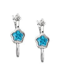 Blue Flower Cubic Zirconia - Hoop Earrings in Sterling Silver - Notched Backs