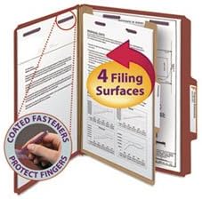 SMD13775 Pressboard Classification Folders, Self Tab, Letter, Four-Section, Red, 10/Box