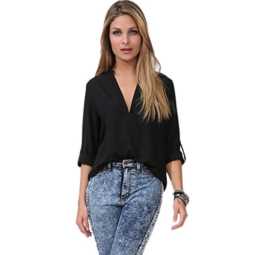 Sunnow Womens Long Sleeve V Neck Zipper Sexy Chiffon Pullover T-shirt Blouse