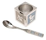 Silver plated egg cup and spoon set with blue enamel detailing - ideal Christening gift