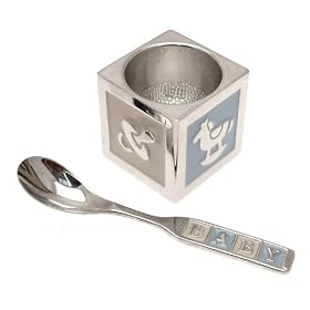 Silver plated egg cup and spoon set with blue enamel detailing - ideal Christening gift