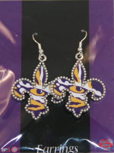 NCAA LSU Eye of the Tiger Fleur de Lis Earrings 1 1/2 long & 1 inch wide - Celebrate Louisiana State University Football with Eye of the Tiger Fleur De Lis Jewelry!!!
