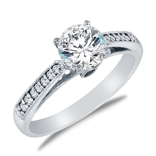 Solid 14k White OR Yellow Gold Milgrain Band with Round Brilliant Cut Solitaire with Round Side Stones Highest Quality CZ Cubic Zirconia Engagement Ring 1.5ct.