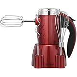 VonShef 250W 6 Speed Hand Mixer Whisk with Stand includes 2 Dough Hooks & 2 Beaters plus Turbo Function - Red