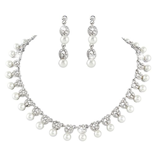 EVER FAITH Wedding Cream Simulated Pearl Necklace Earrings Set Clear Austrian Crystal - Silver-Tone N03850-1