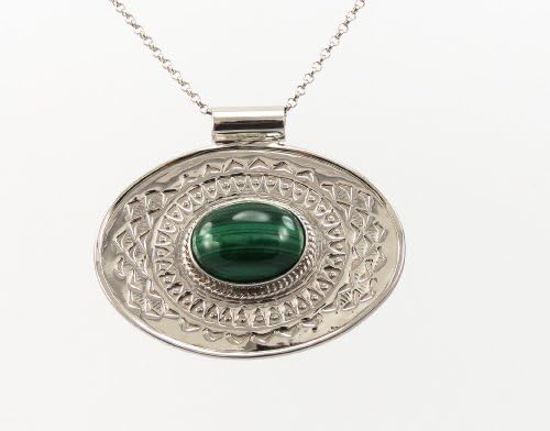 Sterling Silver .925 Bali Silver Necklace With Malachite in Bezel Setting Chain Included