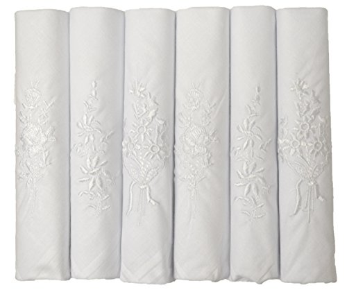 ETHO 6 Pack Ladies Cotton Boxed Embroidered Luxury White Handkerchiefs