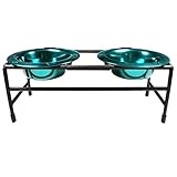 Platinum Pets Modern Double Diner Puppy Stand with Two 1-Cup Rimmed Bowls, Teal