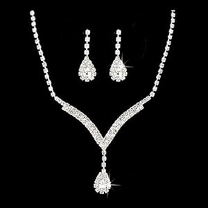 Bridal Wedding Jewelry Set Necklace Earring Crystal Rhinestone LG V Drop Silver