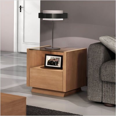 Furnitech Contemporary end table with drawer and clear glass top, Light Cherry Finish